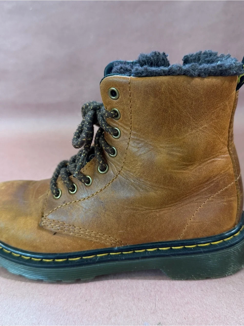 Dr. Martens 1460 Serena Brown Leather Lace-Up Faux Fur-Lined Boots Kids Size 1